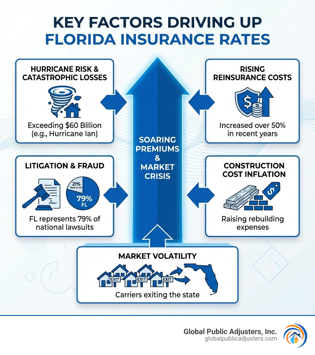 Infographic showing the key factors driving up Florida insurance rates: Hurricane Risk and Catastrophic Losses exceeding $60 billion from storms like Hurricane Ian, Reinsurance Costs increasing over 50% in recent years, Litigation and Fraud with Florida representing 79% of national homeowners insurance lawsuits, Construction Cost Inflation raising rebuilding expenses, and Market Volatility with carriers exiting the state - Florida home insurance specialists infographic 