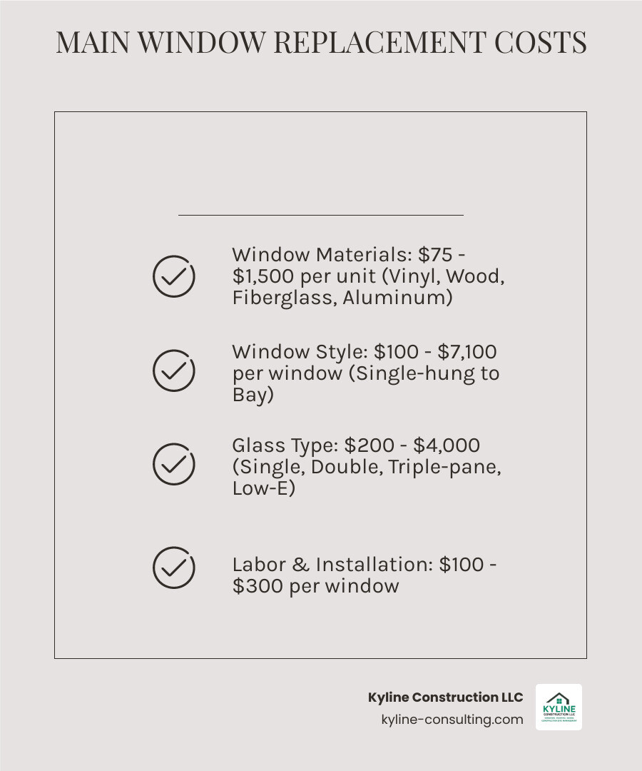 infographic showing four main cost components: window materials ranging from $75-$1,500 per unit, labor costs of $100-$300 per window, glass type options from single to triple-pane at $200-$4,000, and window styles from single-hung at $100 to bay windows at $7,100 - Cost to replace windows infographic checklist-light-beige