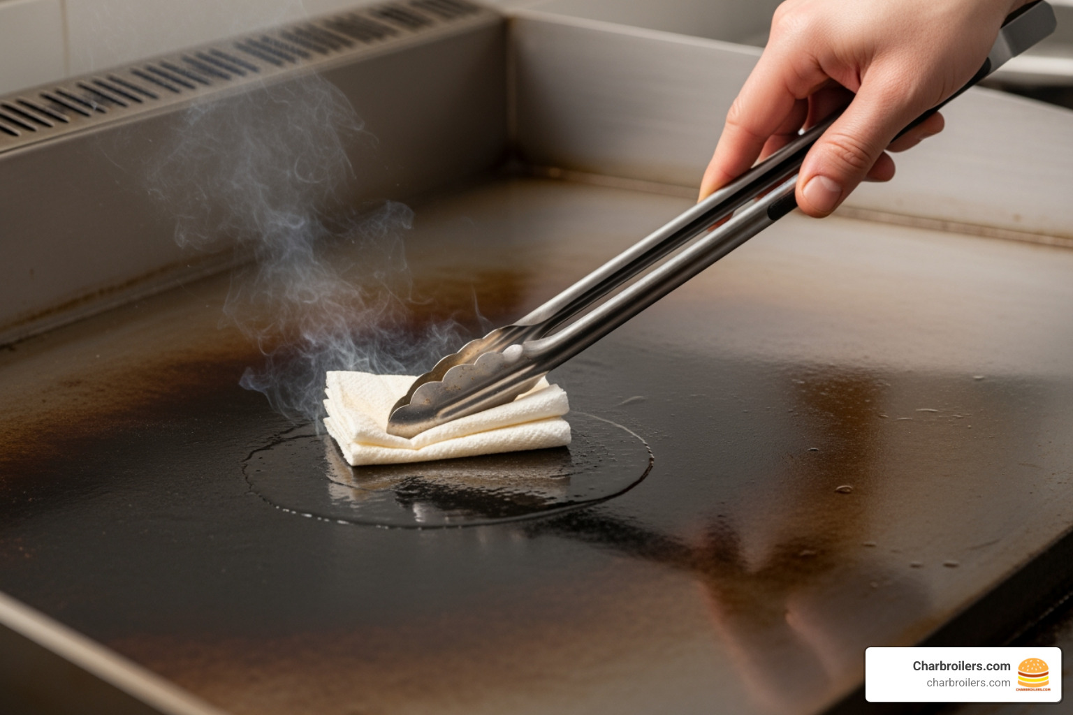 chef using tongs and a paper towel to wipe a thin, even layer of oil onto a hot griddle surface - how to season a commercial griddle