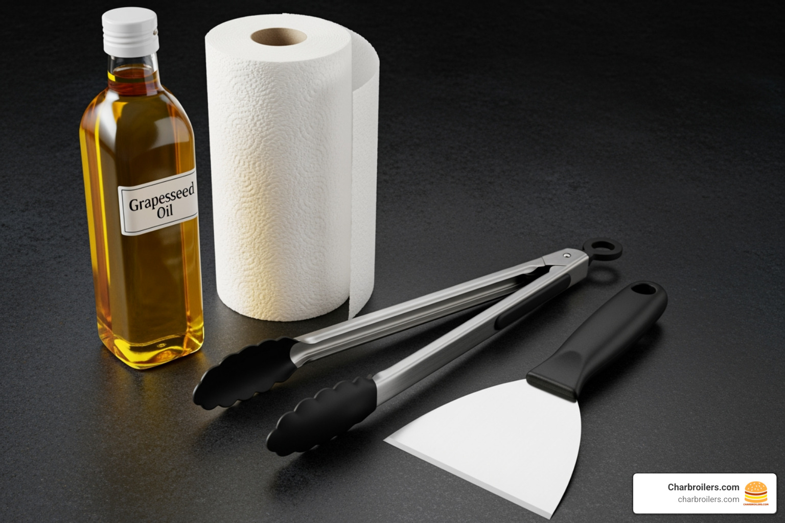 supplies laid out: a bottle of grapeseed oil, a roll of paper towels, long-handled tongs, and a griddle scraper - how to season a commercial griddle