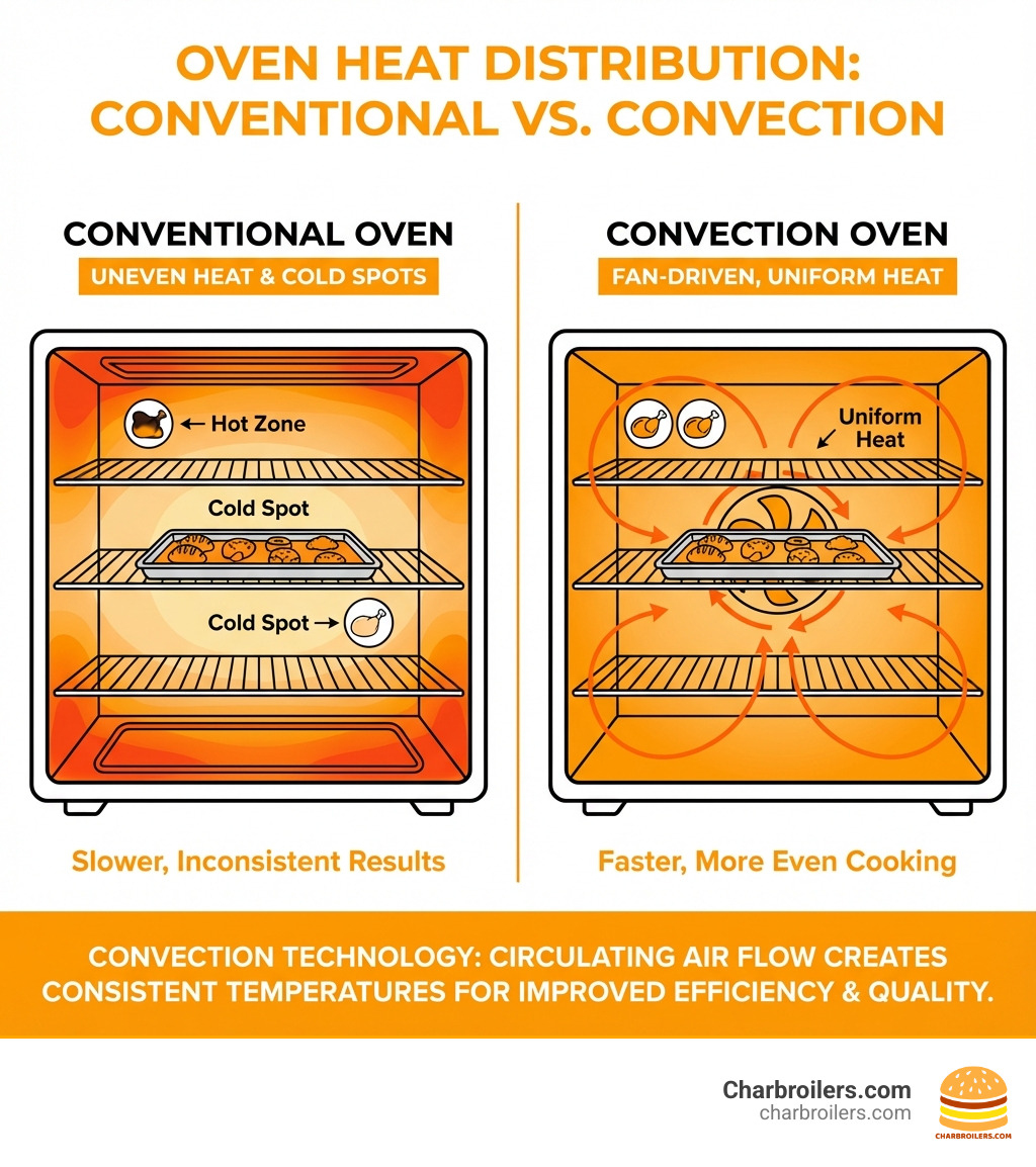 Infographic comparing conventional oven heat distribution with uneven hot and cold zones versus convection oven airflow showing circular fan-driven air patterns that create uniform heat distribution throughout the cooking chamber, resulting in faster and more even cooking - nsf convection oven infographic 
