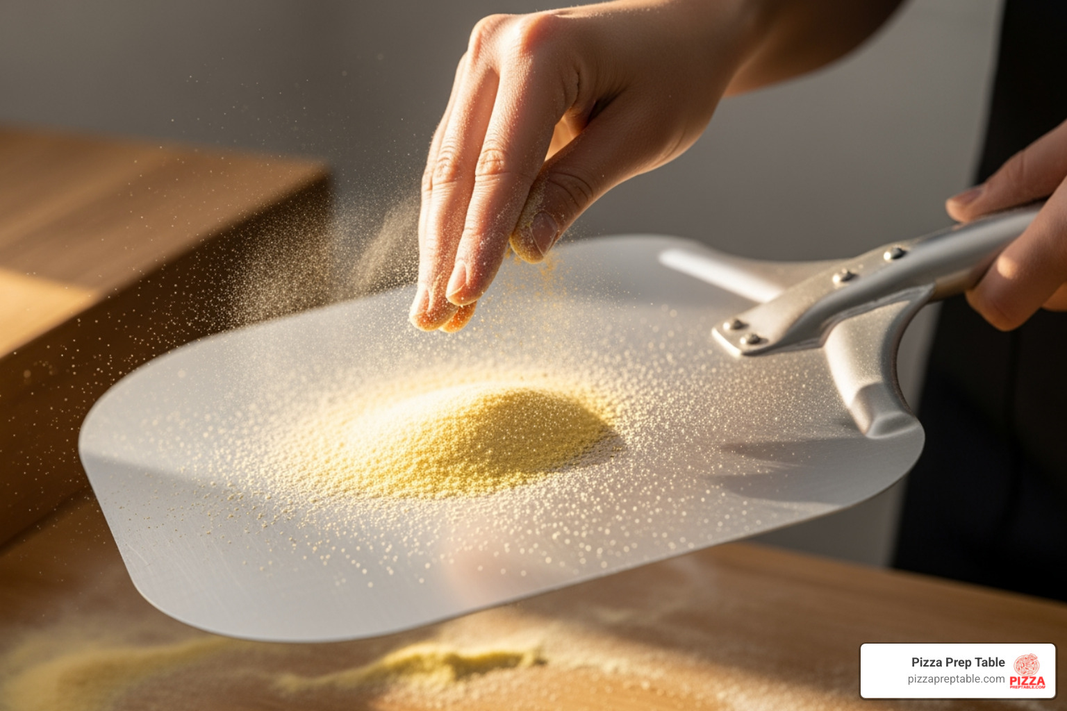 person dusting aluminum pizza peel with semolina flour - aluminum pizza peel