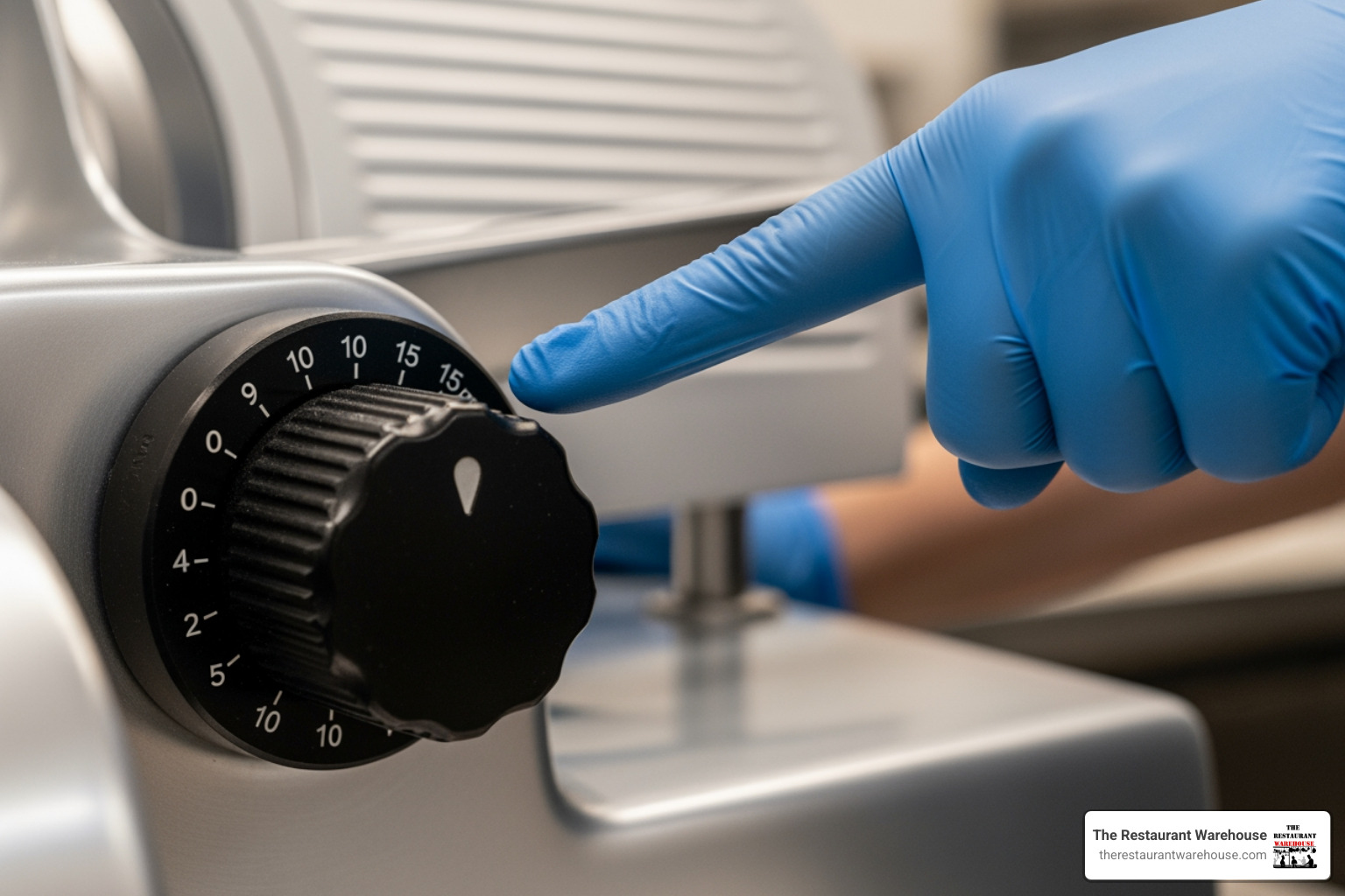 a person wearing food-safe gloves, pointing to the thickness adjustment knob on a commercial slicer. - commercial jerky slicer a person wearing food-safe gloves, pointing to the thickness adjustment knob on a commercial slicer. - commercial jerky slicer