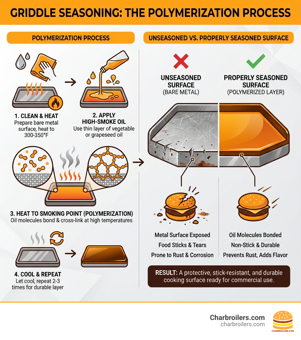 infographic showing the polymerization process during griddle seasoning, with oil molecules bonding to metal at high heat to form a protective non-stick layer, plus a visual comparison of unseasoned versus properly seasoned griddle surfaces - how to season a commercial griddle infographic 