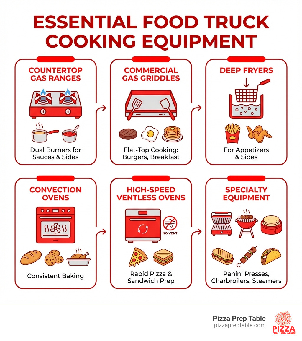 Infographic showing essential food truck cooking equipment categories: countertop gas ranges with dual burners for sauces and sides; commercial gas griddles for flat-top cooking like burgers and breakfast items; deep fryers for appetizers and sides; convection ovens for baking; high-speed ventless ovens for rapid pizza and sandwich preparation; and specialty equipment like panini presses, charbroilers, and tortilla steamers - food truck stove infographic 