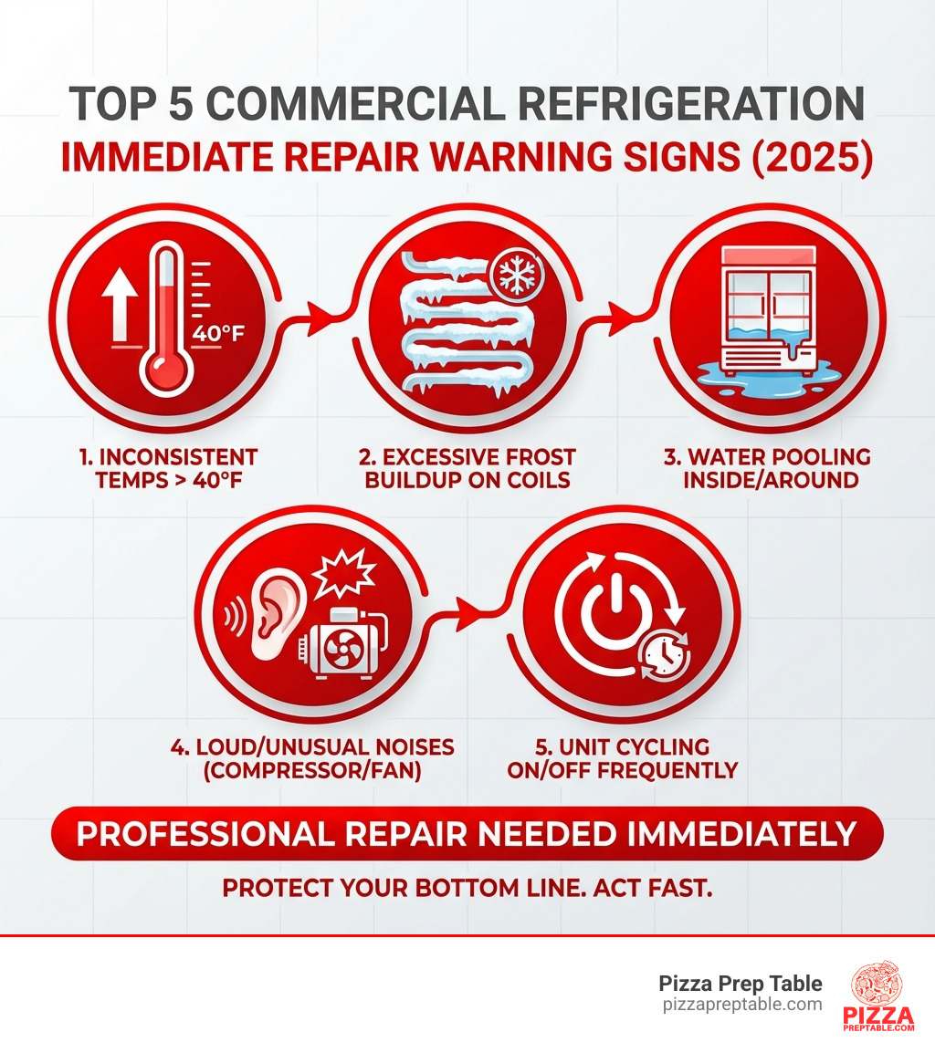 infographic showing the top 5 warning signs that commercial refrigeration needs immediate repair: inconsistent temperatures above 40°F, excessive frost buildup on evaporator coils, water pooling inside or around the unit, loud or unusual noises from the compressor or fan motors, and unit cycling on and off frequently - commercial refrigeration repair infographic 