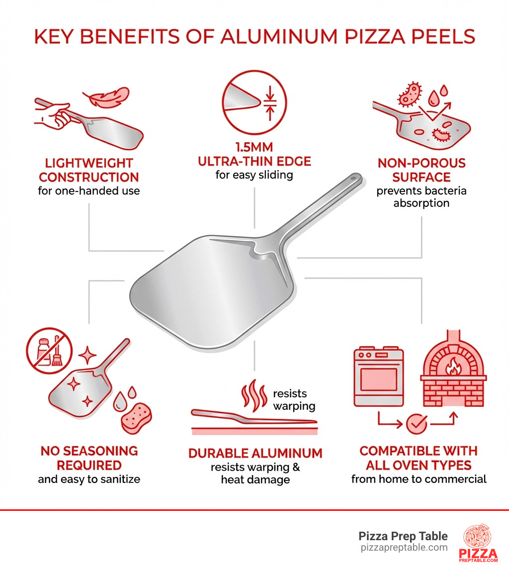Infographic showing the key benefits of aluminum pizza peels: 1.5mm thin blade for easy sliding, lightweight construction for one-handed use, non-porous surface prevents bacteria absorption, no seasoning or special maintenance required, durable aluminum resists warping and heat damage, and compatible with all oven types from home ovens to commercial pizza ovens - aluminum pizza peel infographic 