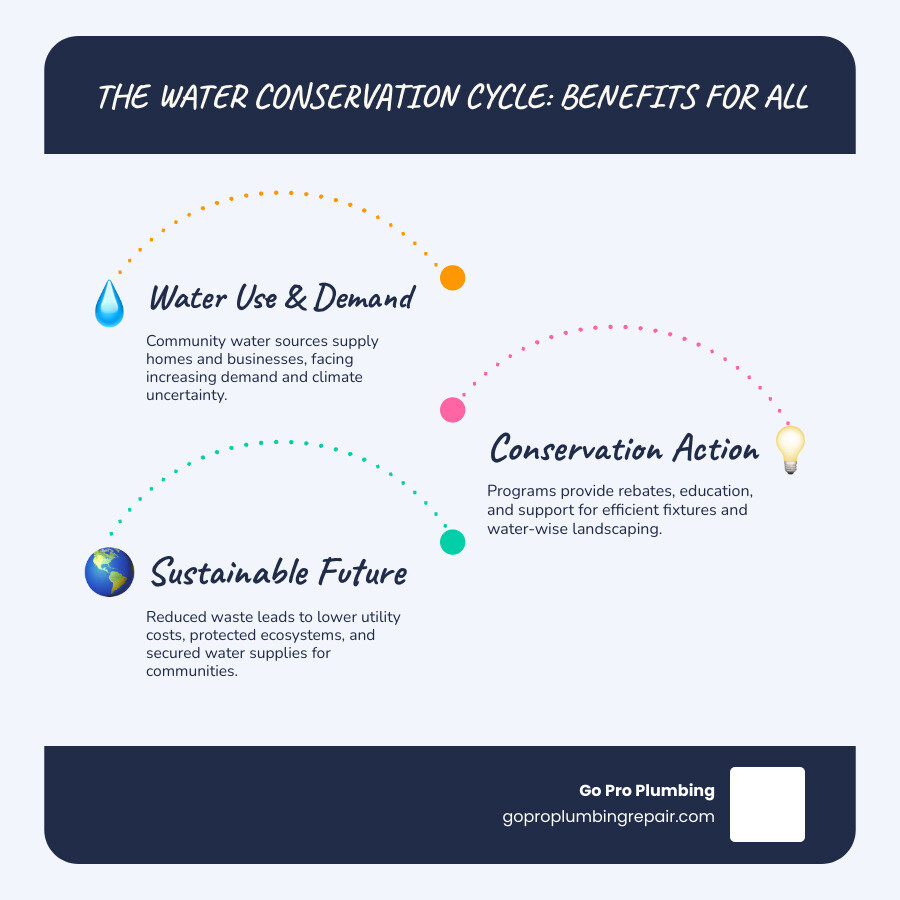 Infographic showing the water conservation cycle: Community water sources flow to homes and businesses; conservation programs provide rebates and education; residents install efficient fixtures and water-wise landscaping; reduced water waste leads to lower utility costs, protected ecosystems, and secured future water supplies; benefits ripple back to strengthen the community - water conservation program infographic infographic-line-3-steps-blues-accent_colors