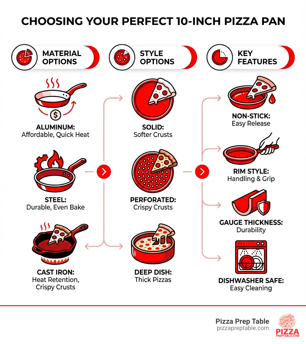 Infographic showing key factors in choosing a 10-inch pizza pan: Material options (Aluminum for affordability and heat conduction, Steel for durability and even baking, Cast Iron for heat retention and crispy crusts), Style options (Solid for softer crusts, Perforated for crispy crusts, Deep dish for thick pizzas), and Key Features (Non-stick coating for easy release, Rim style for handling, Gauge thickness for durability, Dishwasher safe for easy cleaning) - 10 inch pizza pan infographic Infographic showing key factors in choosing a 10-inch pizza pan: Material options (Aluminum for affordability and heat conduction, Steel for durability and even baking, Cast Iron for heat retention and crispy crusts), Style options (Solid for softer crusts, Perforated for crispy crusts, Deep dish for thick pizzas), and Key Features (Non-stick coating for easy release, Rim style for handling, Gauge thickness for durability, Dishwasher safe for easy cleaning) - 10 inch pizza pan infographic