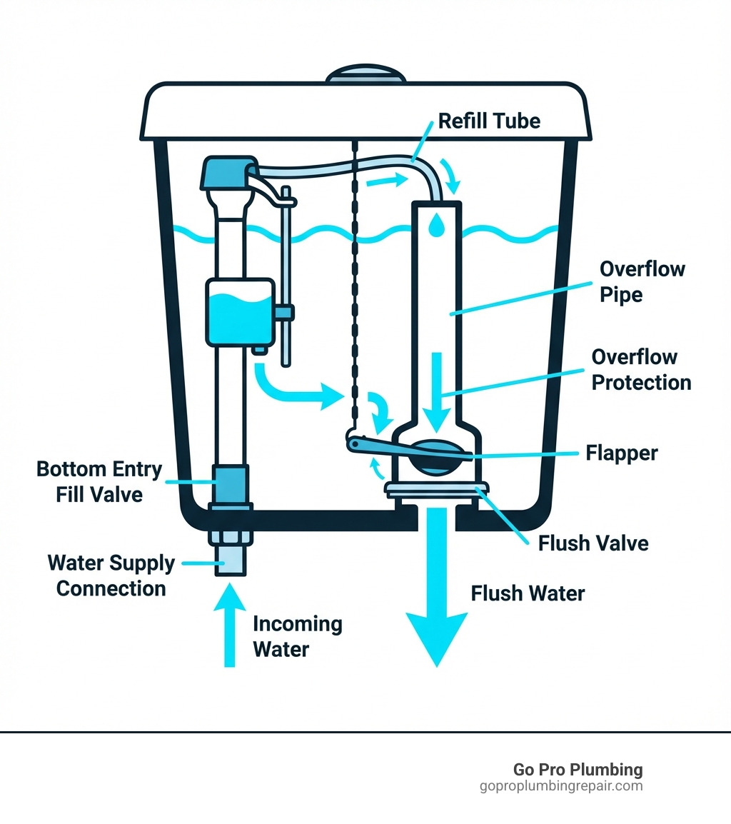 Detailed infographic showing the internal parts of a toilet tank including the fill valve at the bottom of the tank with water supply connection, the overflow pipe in the center, the flush valve and flapper at the tank bottom, the float mechanism, and the refill tube connecting the fill valve to the overflow pipe, with clear labels and arrows indicating water flow - replace bottom entry fill valve infographic 