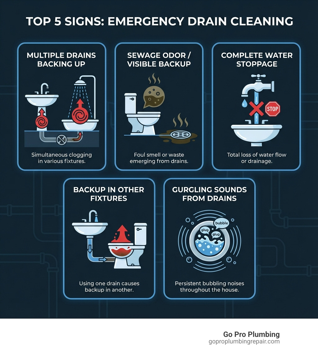 infographic showing the top 5 signs you need emergency drain cleaning: multiple drains backing up simultaneously, sewage odor or visible backup, complete water stoppage, water backing up in other fixtures when using one drain, and gurgling sounds from drains throughout the house - 24 hour drain cleaning near me infographic 