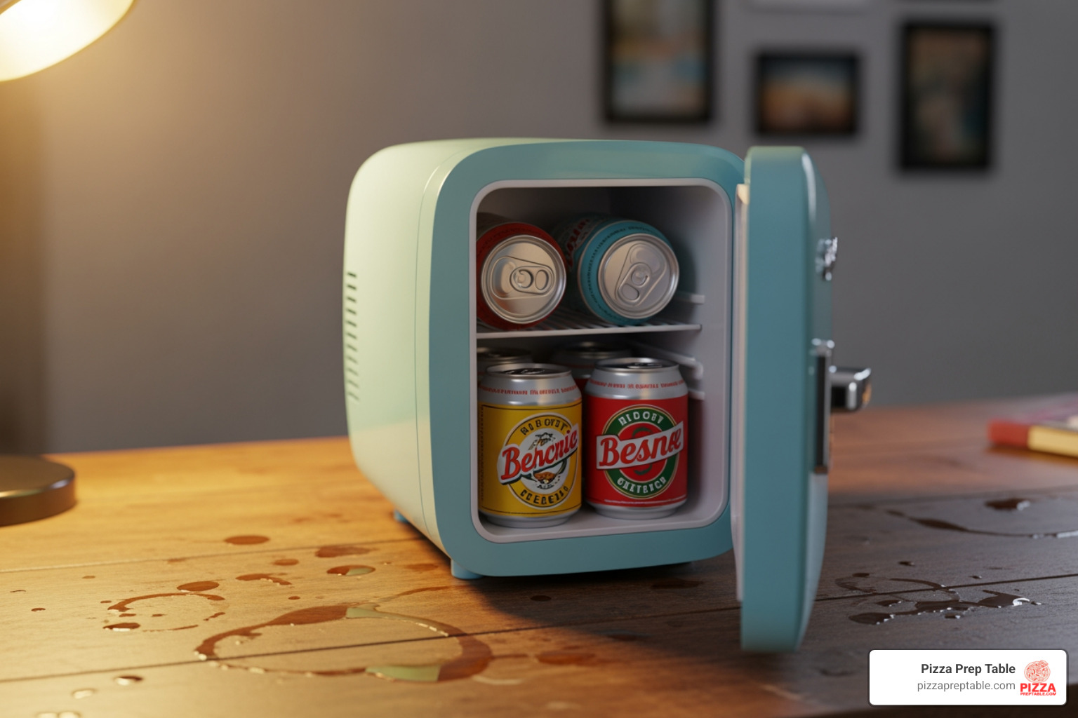 small, retro-style mini-fridge holding several cans - desktop drink cooler