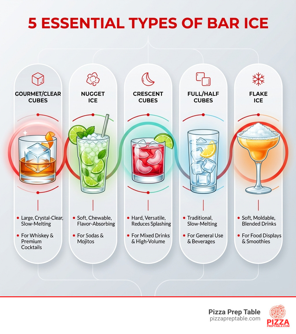 Infographic showing 5 types of bar ice: Gourmet/Clear Cubes (large, crystal-clear, slow-melting for whiskey and premium cocktails), Nugget Ice (soft, chewable, flavor-absorbing for sodas and mojitos), Crescent Cubes (hard, versatile, reduces splashing for mixed drinks), Full/Half Cubes (traditional, slow-melting for general use), and Flake Ice (soft, moldable for blended drinks and food displays) - bar ice maker infographic 