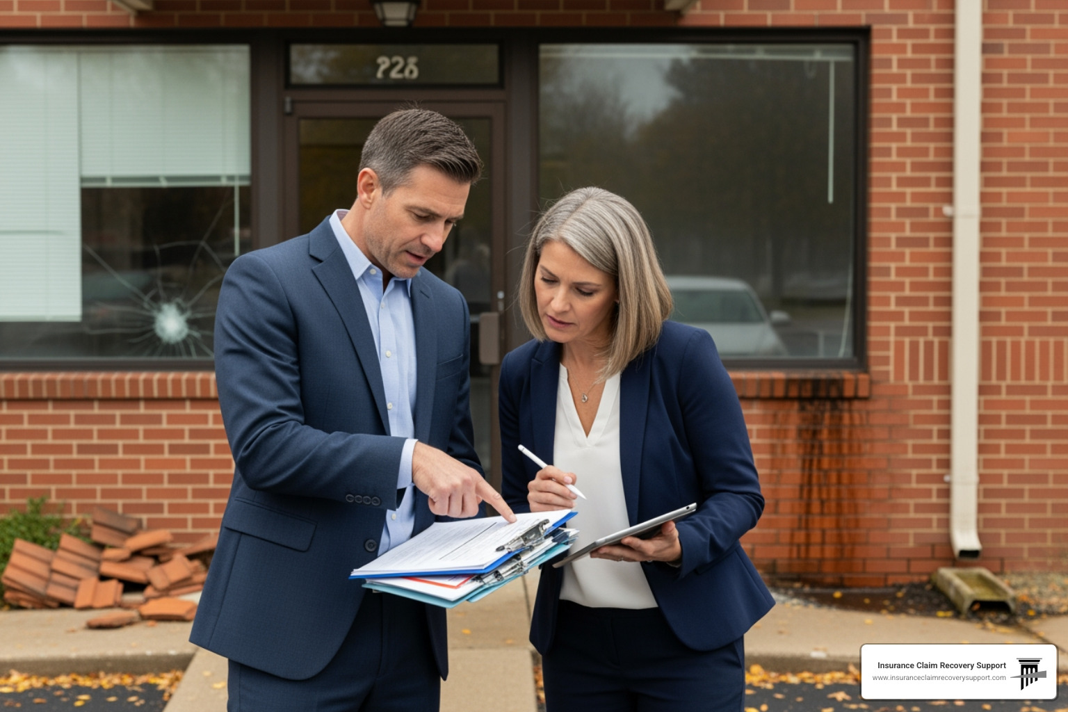 public adjuster meeting with a commercial property owner on-site discussing claim documents - Commercial Property Insurance Appraisal