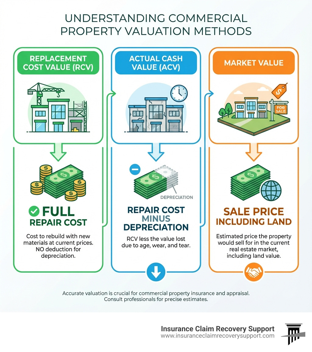 infographic showing the difference between Replacement Cost Value showing full repair cost, Actual Cash Value showing repair cost minus depreciation, and Market Value showing sale price including land - Commercial Property Insurance Appraisal infographic 