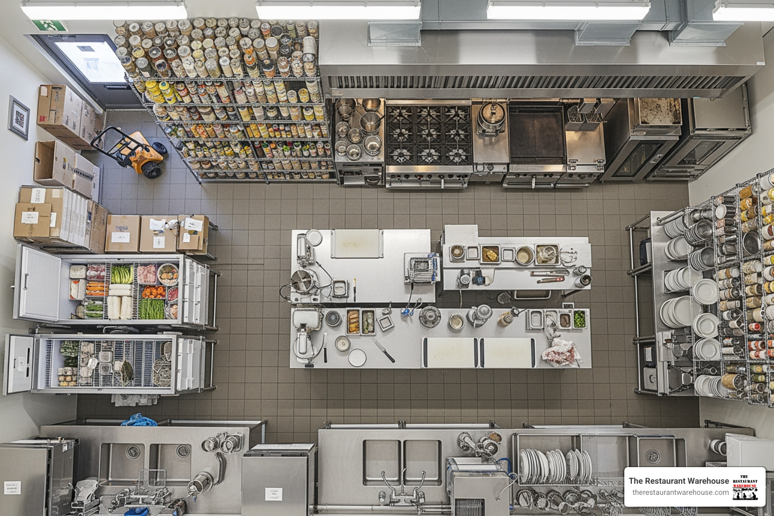 Well-zoned commercial kitchen layout with clear labels for receiving, storage, prep, cooking, and washing areas - Commercial kitchen organization Well-zoned commercial kitchen layout with clear labels for receiving, storage, prep, cooking, and washing areas - Commercial kitchen organization