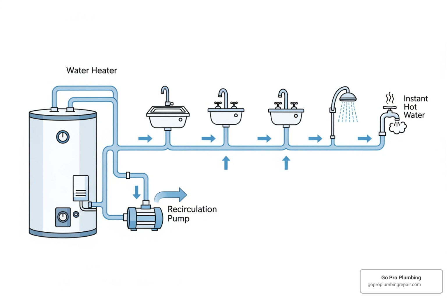 A simplified diagram illustrating how a hot water recirculating system works, showing a water heater, a pump, a recirculation loop connecting to various fixtures, and a distant faucet receiving instant hot water - hot water heater return line
