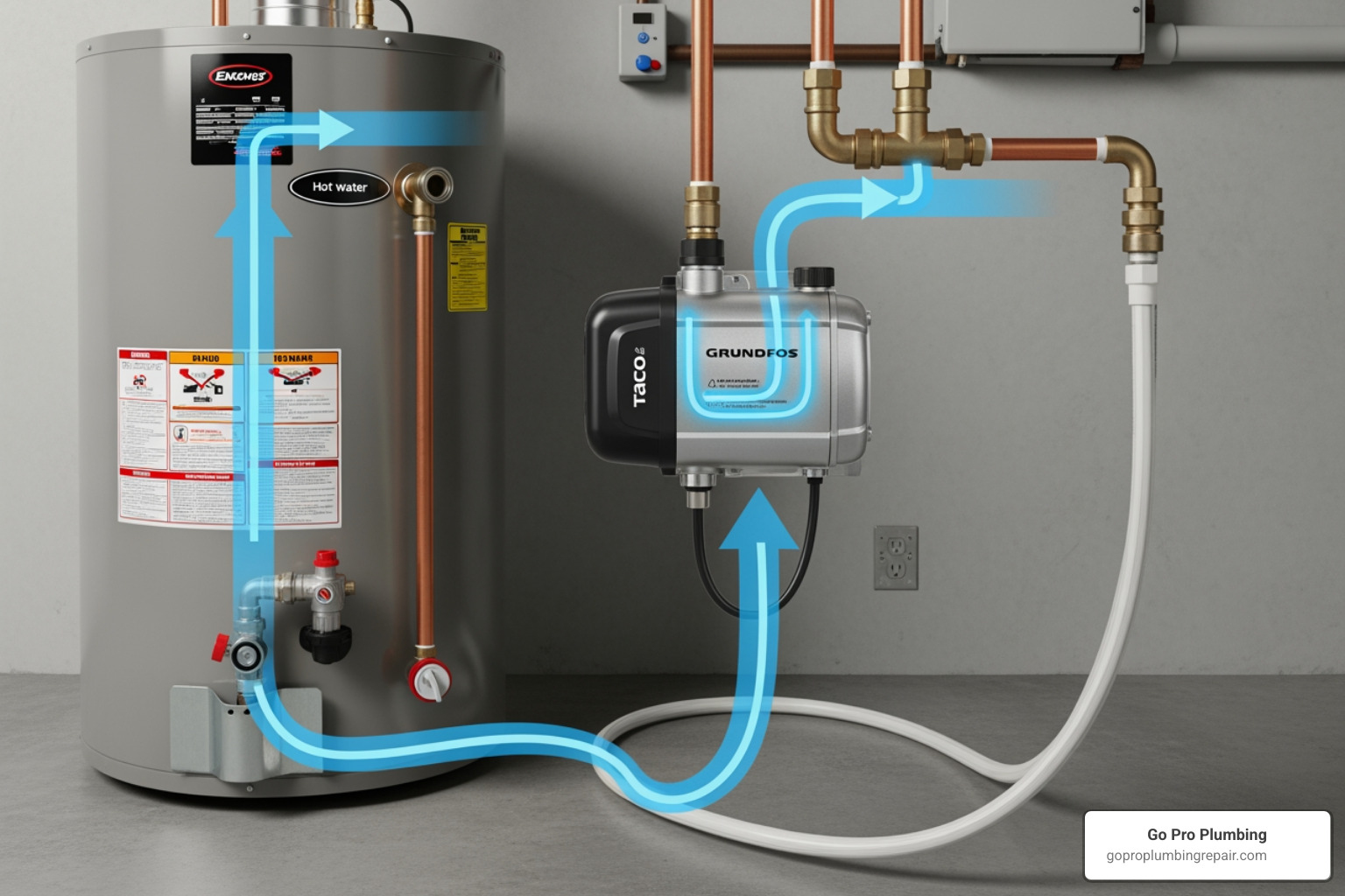 A recirculation pump connected to a tank water heater, with arrows indicating the flow of hot water out and cooled water returning to the heater - hot water heater return line