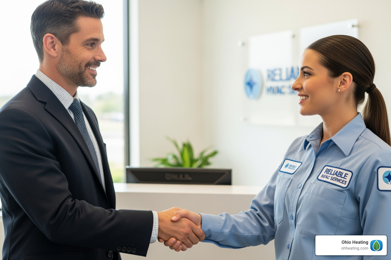 Business owner shaking hands with a uniformed HVAC technician - heating & cooling companies