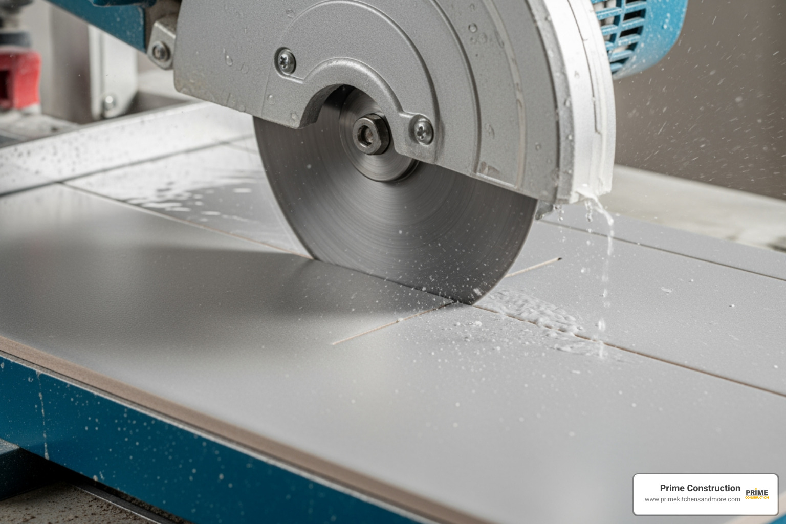 Wet saw making an L-shaped cut in a tile - backsplash tile around outlets