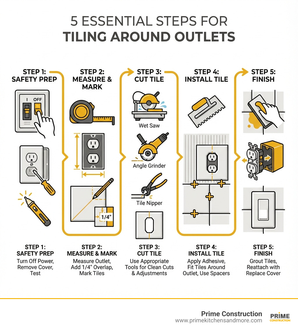 Infographic showing the 5 essential steps for tiling around outlets: Step 1 - Safety Prep (turn off power, remove outlet cover, test with electrical tester), Step 2 - Measure and Mark (measure outlet dimensions, add 1/4 inch for overlap, mark tiles), Step 3 - Cut Tile (use wet saw or angle grinder for clean cuts, tile nipper for small adjustments), Step 4 - Install Tile (apply adhesive, fit tiles around outlet, use spacers), Step 5 - Finish (grout tiles, reattach outlet with extenders, replace cover plate) - backsplash tile around outlets infographic 