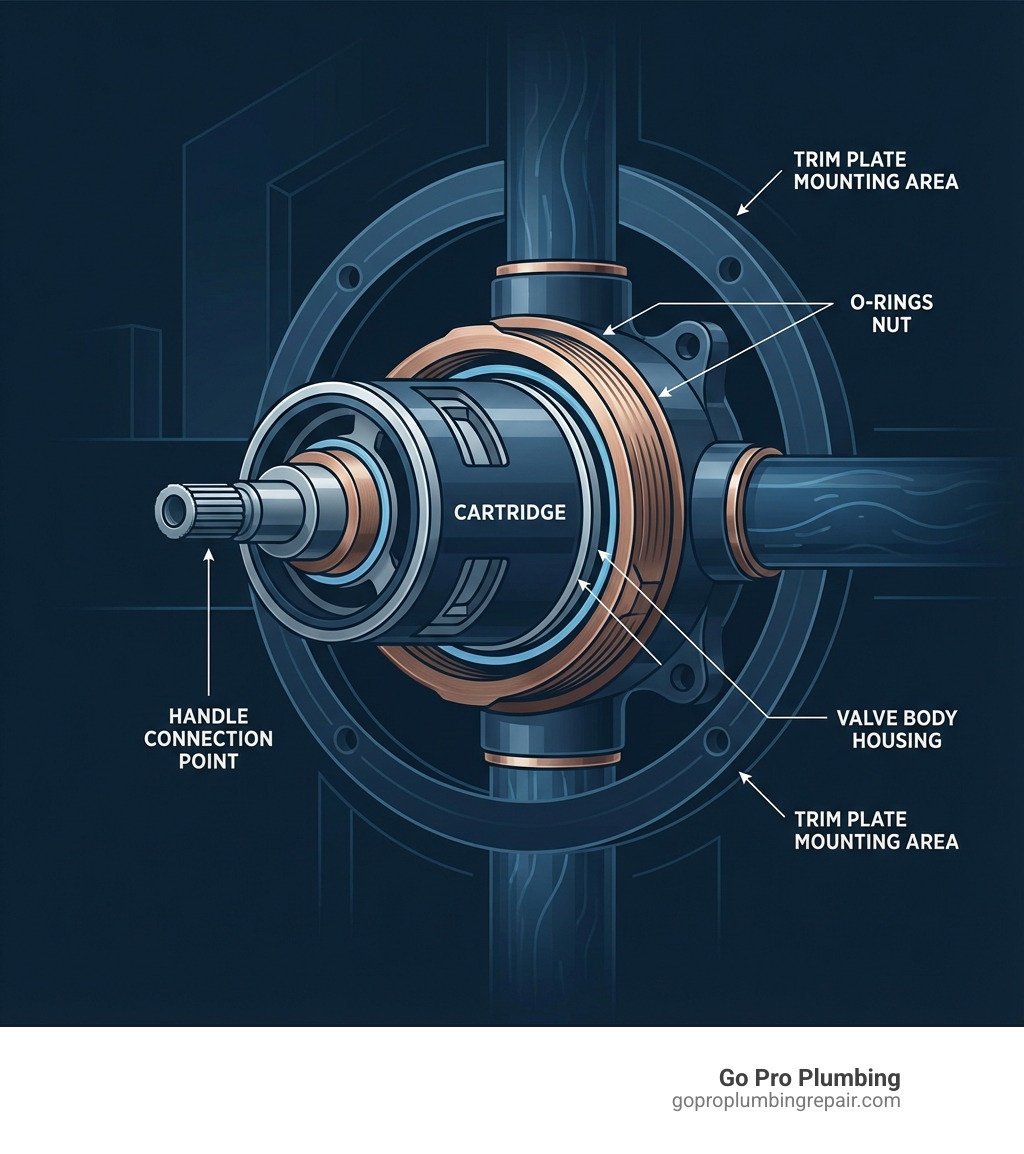 infographic showing a cutaway view of a Delta shower valve with labeled parts including the cartridge at the center, valve body housing, bonnet nut securing the cartridge, handle connection point, trim plate mounting area, and O-rings around the cartridge - disassemble delta shower valve infographic 
