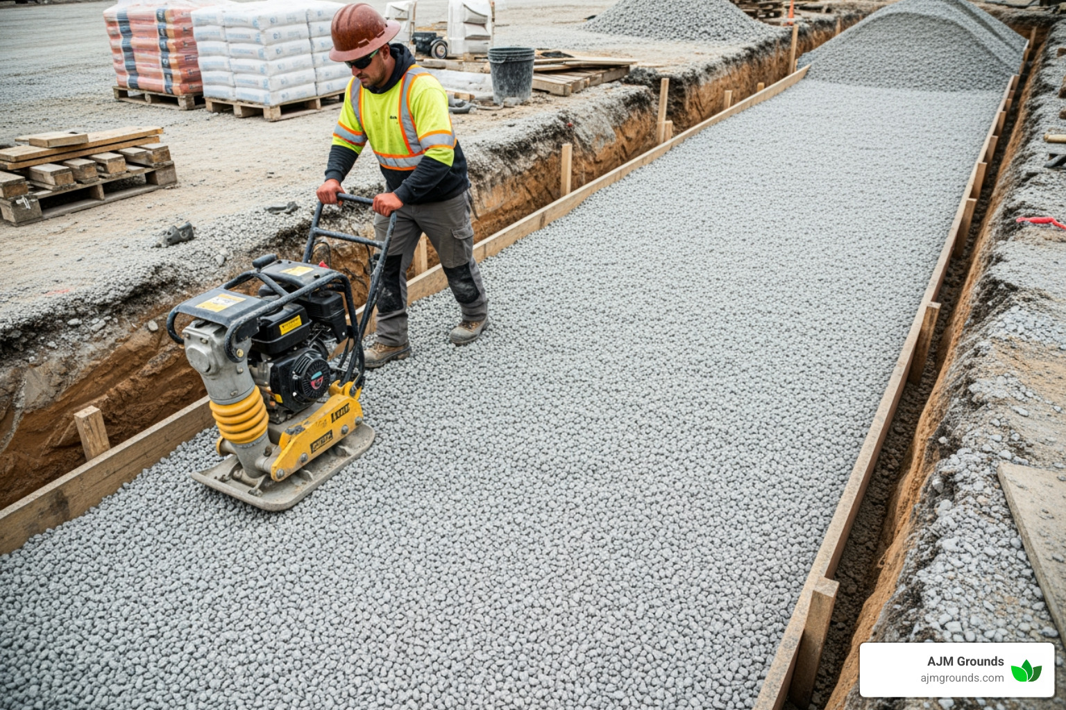 A plate compactor being skillfully operated within a trench, compacting a layer of gravel base material for a retaining wall. - retaining wall base preparation A plate compactor being skillfully operated within a trench, compacting a layer of gravel base material for a retaining wall. - retaining wall base preparation