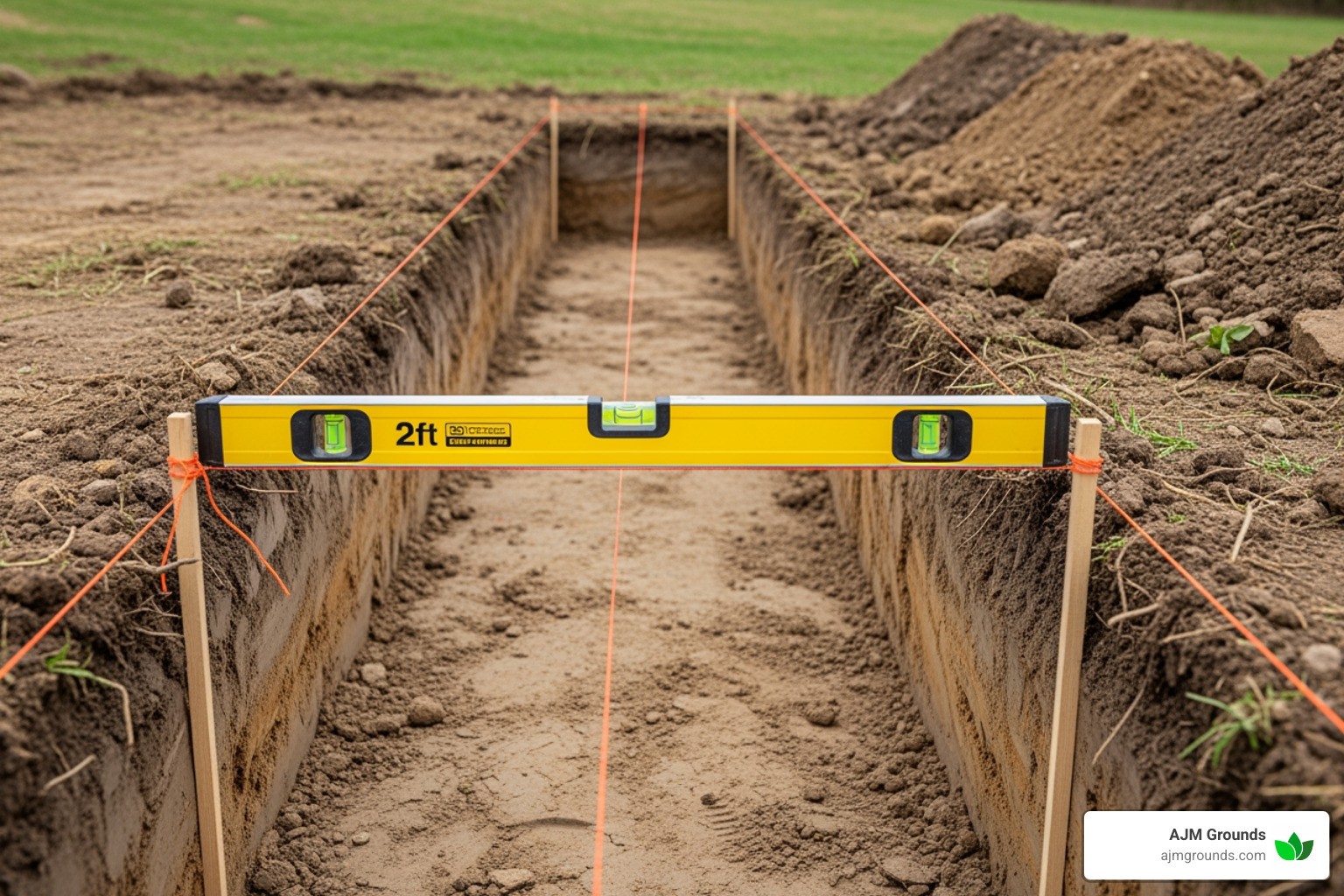 A perfectly excavated trench for a retaining wall, with taut string lines marking the future wall face and a level visible on one of the strings, indicating meticulous preparation. - retaining wall base preparation A perfectly excavated trench for a retaining wall, with taut string lines marking the future wall face and a level visible on one of the strings, indicating meticulous preparation. - retaining wall base preparation