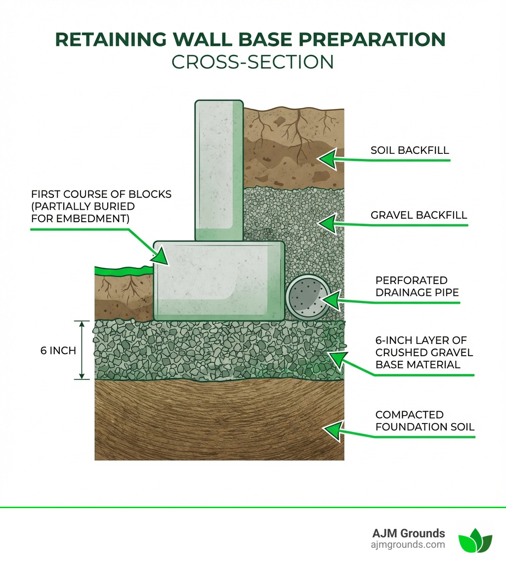 Infographic showing a cross-section of a retaining wall with labeled components: compacted foundation soil at bottom, 6-inch layer of crushed gravel base material, first course of blocks partially buried for embedment, gravel backfill behind blocks, perforated drainage pipe at the base, and soil backfill above the gravel layer - retaining wall base preparation infographic Infographic showing a cross-section of a retaining wall with labeled components: compacted foundation soil at bottom, 6-inch layer of crushed gravel base material, first course of blocks partially buried for embedment, gravel backfill behind blocks, perforated drainage pipe at the base, and soil backfill above the gravel layer - retaining wall base preparation infographic