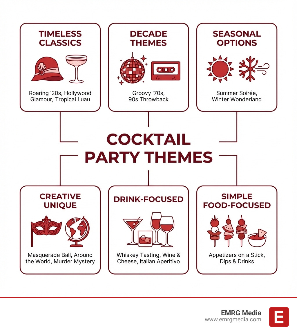 Infographic showing theme categories: Timeless Classics with vintage elements, Decade Themes with era-specific icons, Seasonal options with weather symbols, Creative Unique with masks and globes, Drink-Focused with cocktail glasses, and Simple Food-Focused with appetizer illustrations - Cocktail party themes infographic Infographic showing theme categories: Timeless Classics with vintage elements, Decade Themes with era-specific icons, Seasonal options with weather symbols, Creative Unique with masks and globes, Drink-Focused with cocktail glasses, and Simple Food-Focused with appetizer illustrations - Cocktail party themes infographic