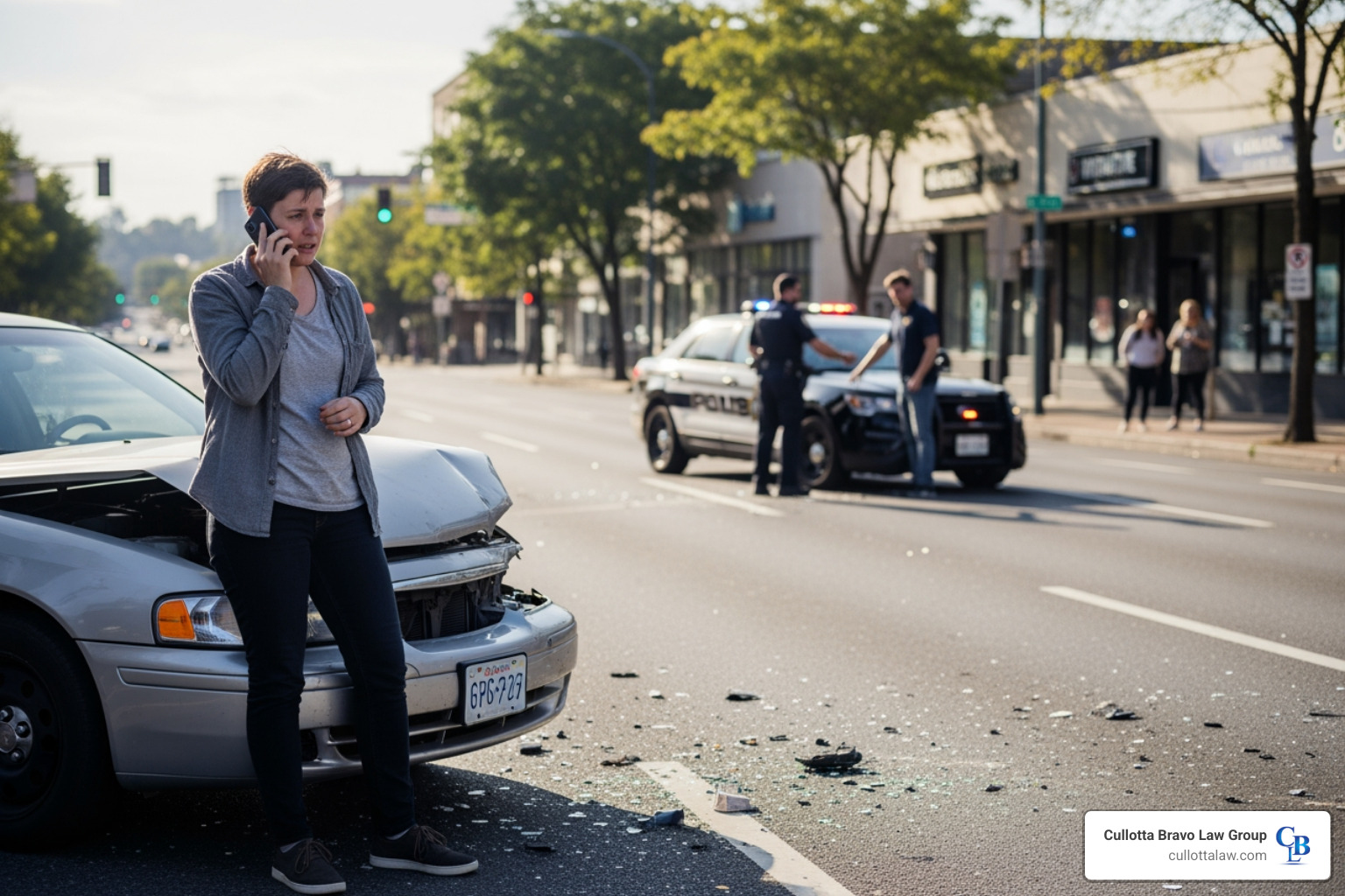 person on the phone at an accident scene with a police officer in the background - truck accident lawyer near me