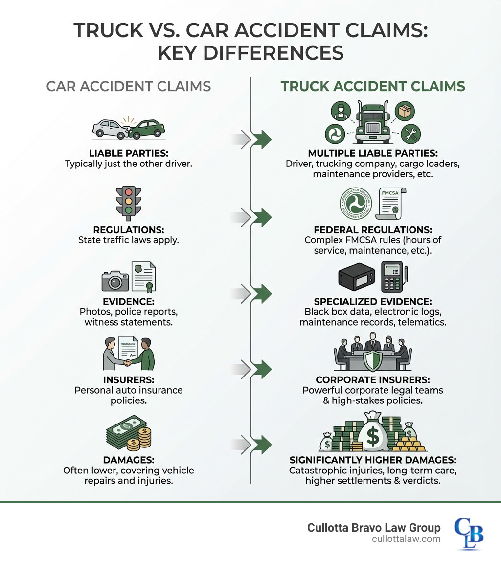 infographic showing key differences between truck accident claims and car accident claims including multiple liable parties, federal regulations, specialized evidence like black box data, corporate insurers, and significantly higher damages - truck accident lawyer near me infographic 