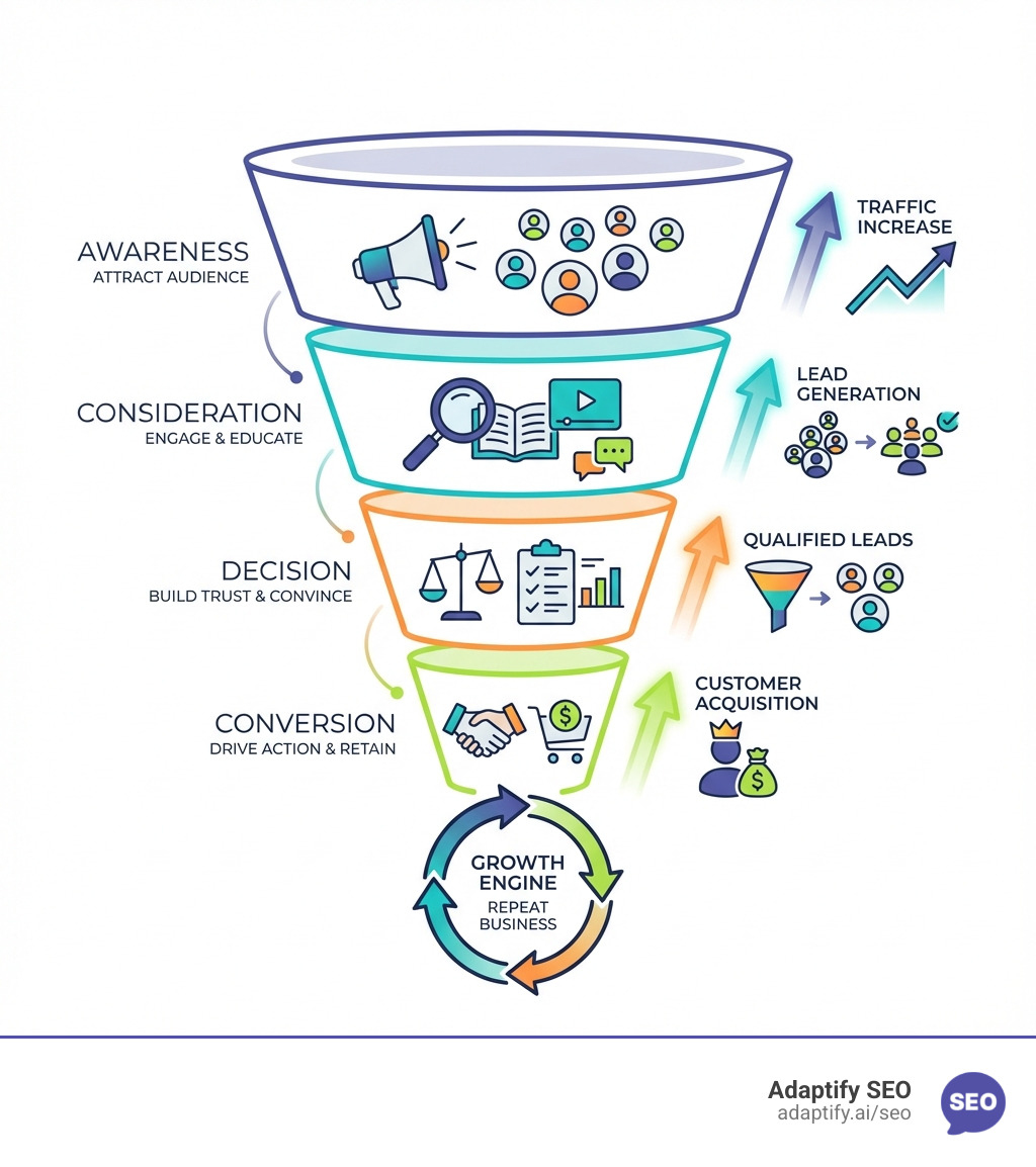 infographic showing the content marketing funnel from awareness stage through consideration, decision, and conversion, with metrics for traffic increase, lead generation, and customer acquisition at each stage - content creation services infographic