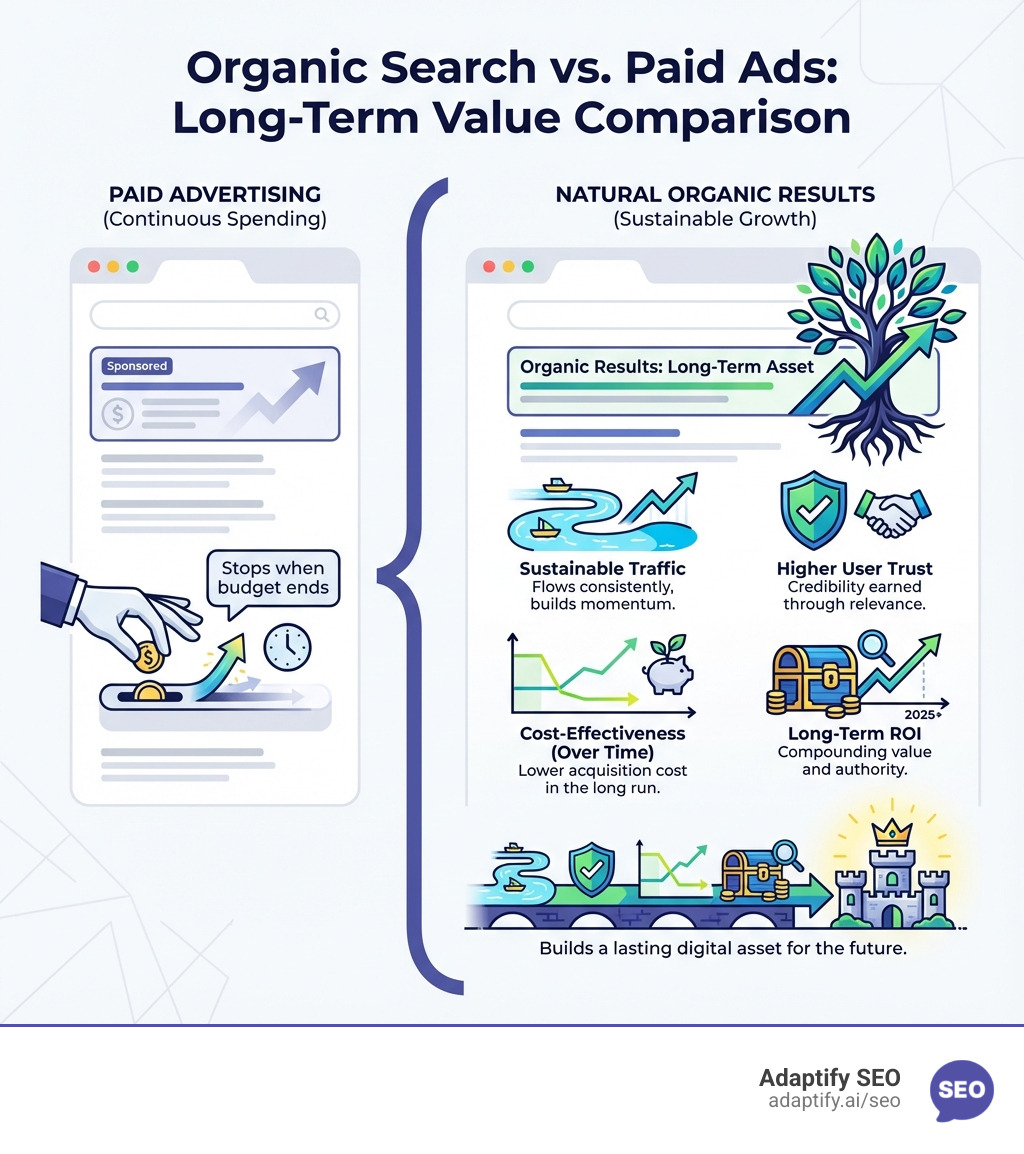 infographic comparing organic search results appearing naturally below paid ads, showing key benefits: sustainable traffic, higher user trust, cost-effectiveness over time, and long-term ROI versus paid advertising which requires continuous spending - natural organic seo company infographic