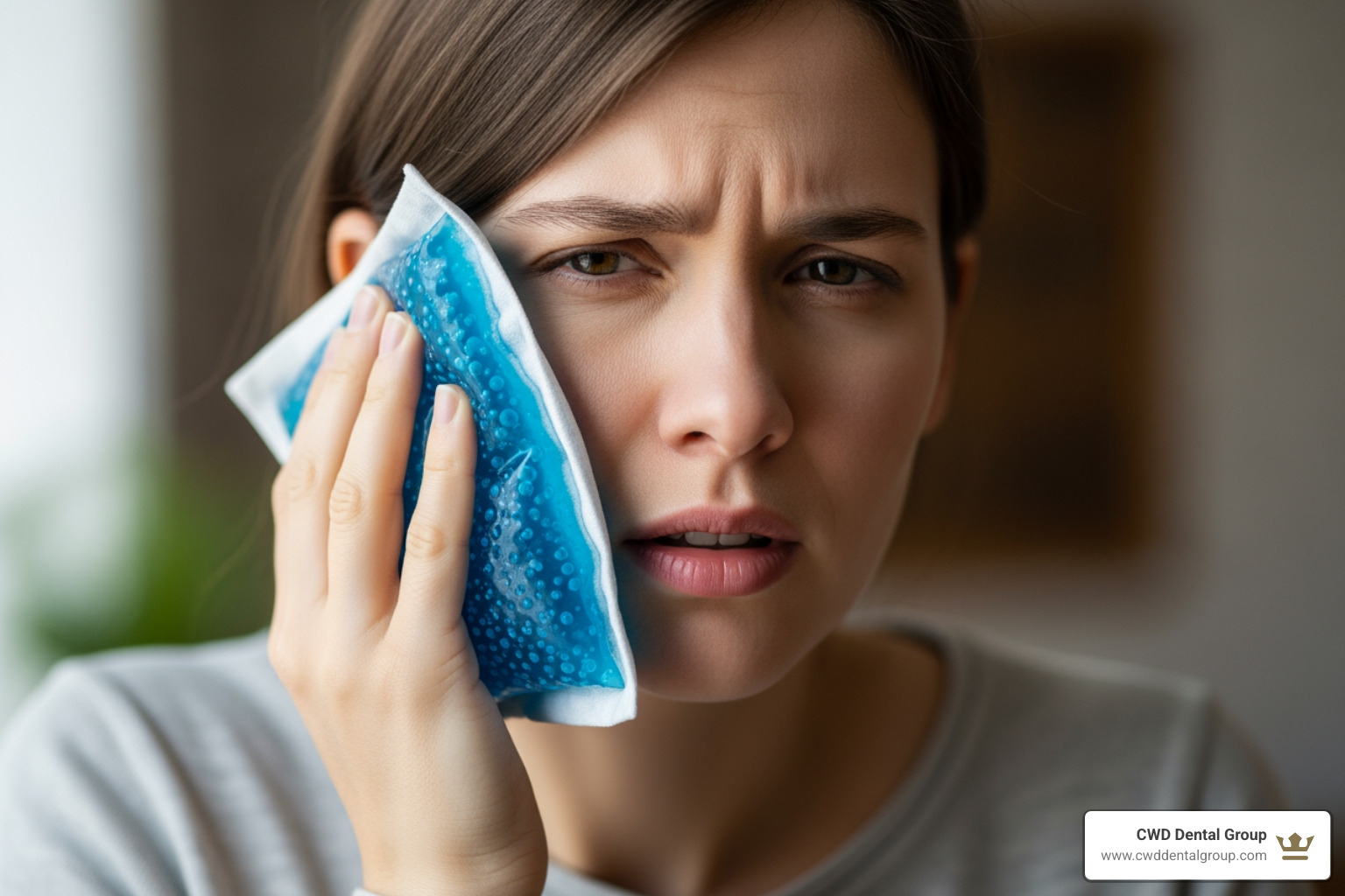Image of a person applying a cold compress to their cheek - Endodontic pain relief Image of a person applying a cold compress to their cheek - Endodontic pain relief