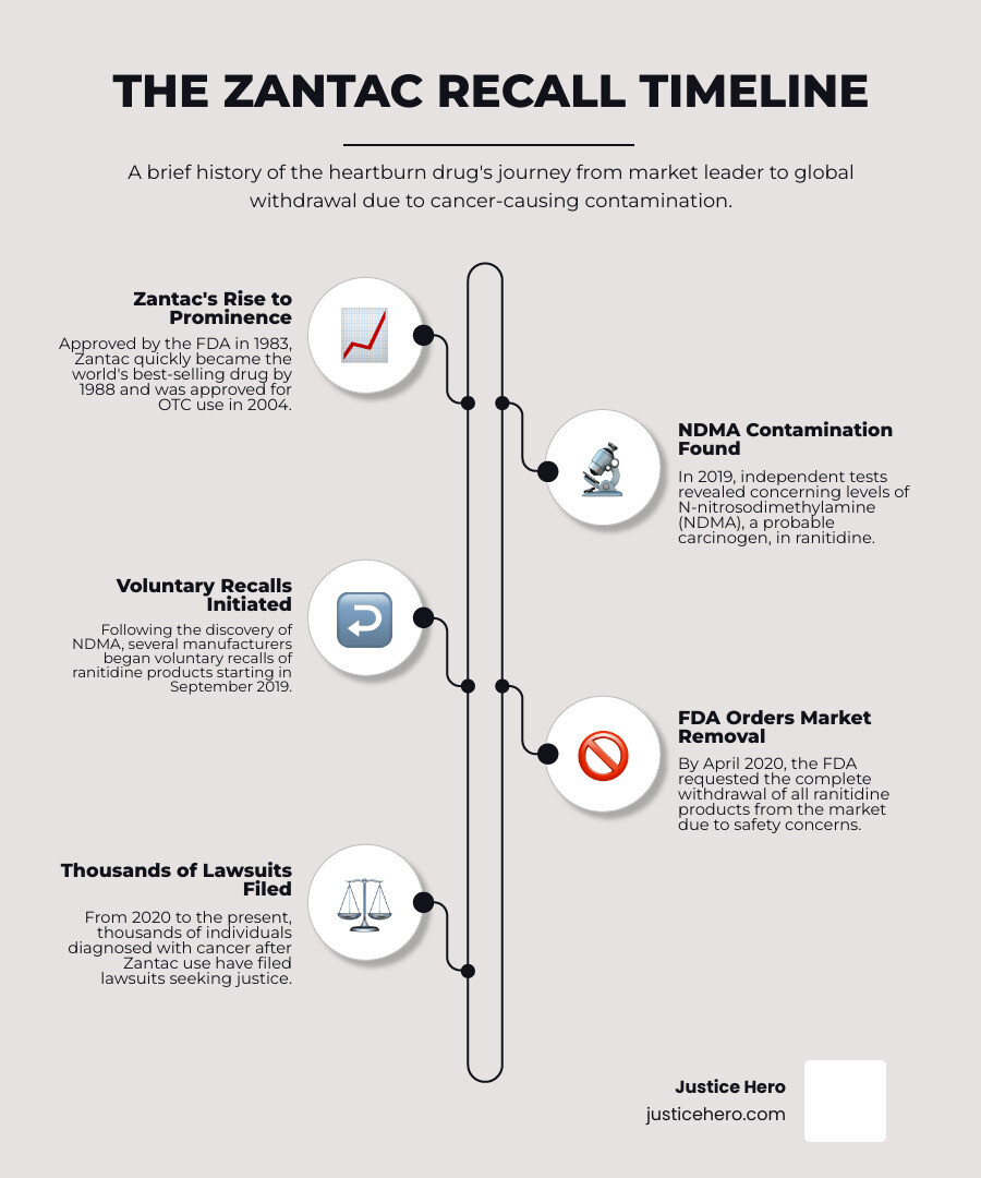 Infographic showing timeline: 1983 Zantac approved by FDA → 1988 becomes world's best-selling drug → 2004 approved for OTC use → 2019 NDMA contamination discovered → September 2019 voluntary recalls begin → April 2020 FDA requests full market withdrawal → 2020-present thousands of lawsuits filed - what kind of cancer does zantac cause infographic infographic-line-5-steps-elegant_beige