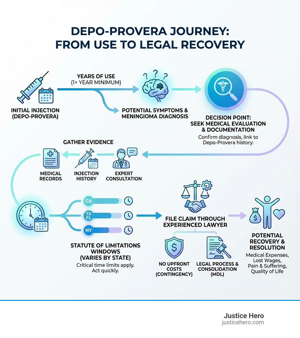 Infographic showing the timeline from initial Depo-Provera injection to potential meningioma diagnosis years later, including key decision points: when to seek medical evaluation, statute of limitations windows by state, steps to gather medical evidence, and the process of filing a claim through an experienced Depo Provera injury lawyer - Depo Provera injury lawyer infographic 