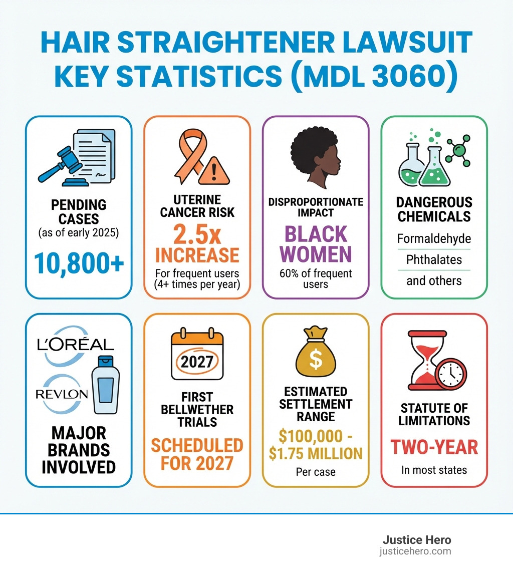 Infographic showing hair straightener lawsuit key statistics: 10,800+ pending cases in MDL 3060, 2.5x increased uterine cancer risk for frequent users (4+ times per year), major brands involved including L'Oréal and Revlon, dangerous chemicals including formaldehyde and phthalates, first bellwether trials scheduled for 2027, estimated settlement range of $100,000 to $1.75 million per case, disproportionate impact on Black women who represent 60% of frequent users, and two-year statute of limitations in most states - hair straightener lawsuits infographic 