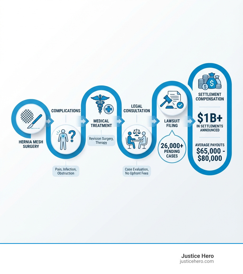 Infographic showing the path from hernia mesh surgery to complications, medical treatment, legal consultation, lawsuit filing, and settlement compensation, with key statistics: 26,000+ pending cases, $1B+ in settlements announced, and average payouts of $65,000-$80,000 - hernia mesh lawsuits settlements infographic 
