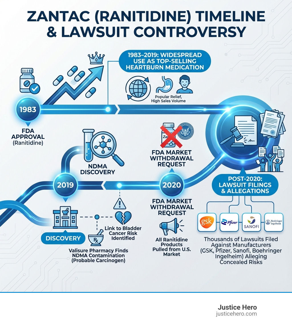 Timeline showing Zantac's history from 1983 FDA approval through widespread use as top-selling heartburn medication to 2019 NDMA contamination discovery by Valisure pharmacy leading to 2020 FDA market withdrawal request and subsequent thousands of lawsuits filed against manufacturers GSK, Pfizer, Sanofi, and Boehringer Ingelheim - zantac bladder cancer lawsuit infographic 