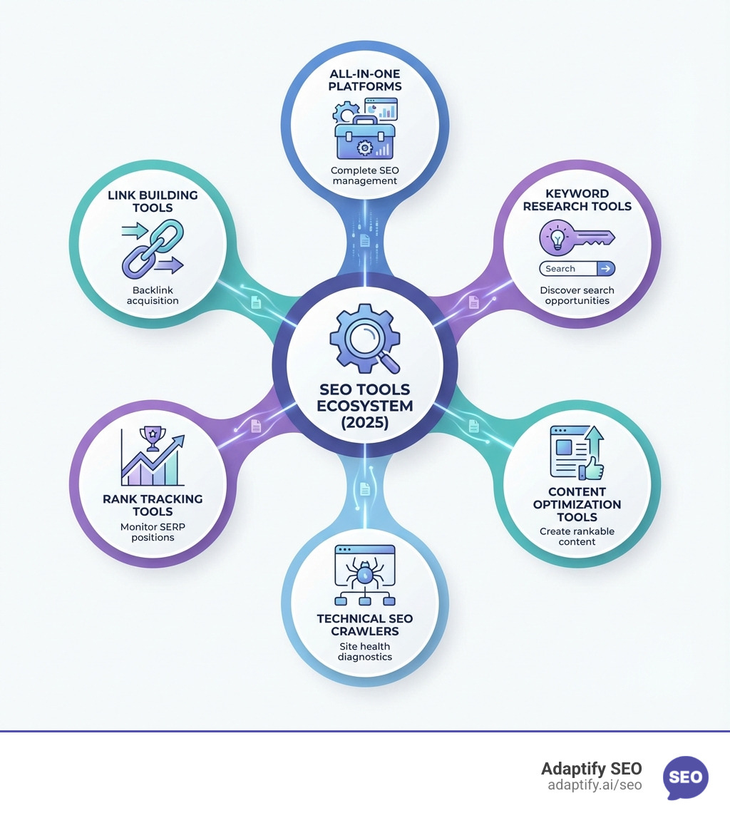 Infographic showing the main categories of SEO tools: All-in-One Platforms for complete SEO management, Keyword Research Tools for discovering search opportunities, Content Optimization Tools for creating rankable content, Technical SEO Crawlers for site health diagnostics, Rank Tracking Tools for monitoring SERP positions, and Link Building Tools for backlink acquisition - seo tools in digital marketing infographic