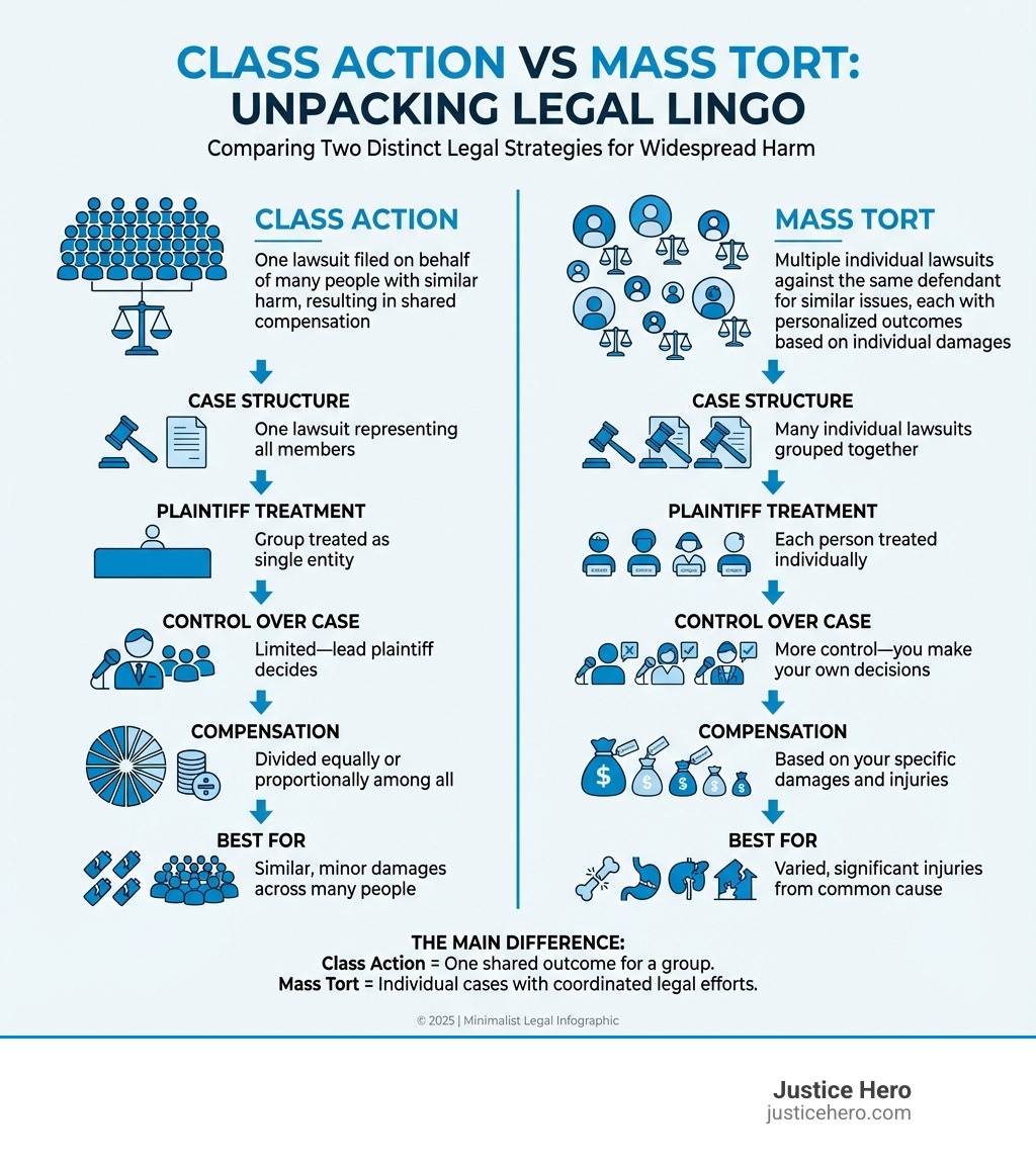 Infographic comparing action lawsuits (one lawsuit filed on behalf of many people with similar harm, resulting in shared compensation) versus mass torts (multiple individual lawsuits against the same defendant for similar issues, each with personalized outcomes based on individual damages) - Class action vs mass tort infographic 