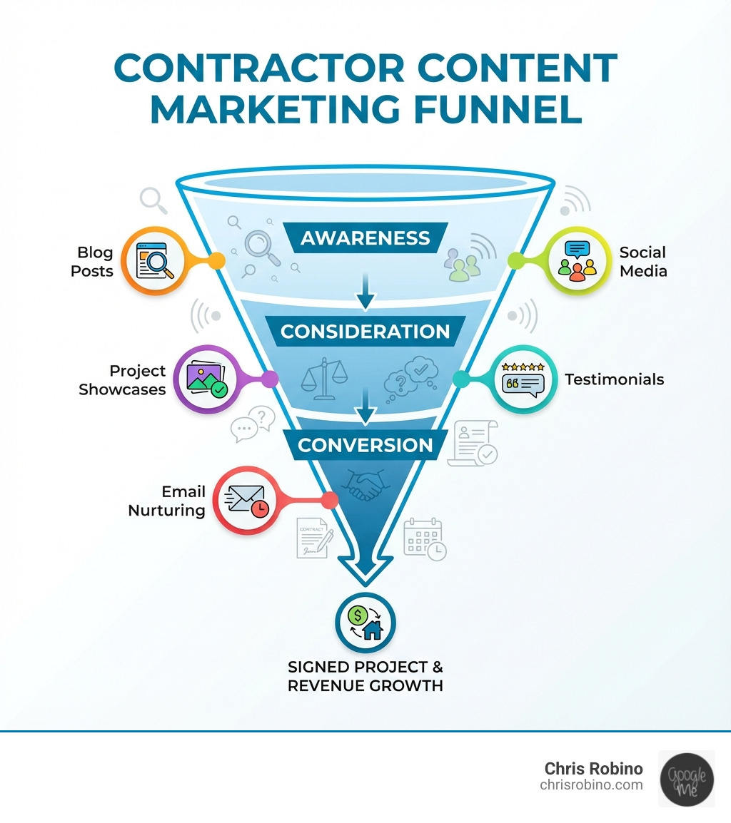 infographic showing contractor content marketing funnel from awareness through consideration to conversion with channels including blog posts, social media, project showcases, testimonials, and email nurturing - content marketing contractors infographic 