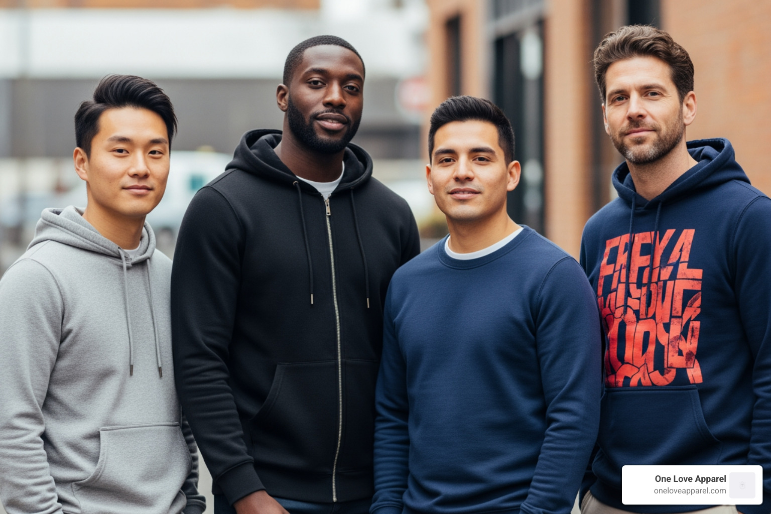 Image of four men side-by-side, each wearing a different style (pullover, zip-up, crewneck, graphic print) of hooded jumper or sweatshirt - hooded jumper for men
