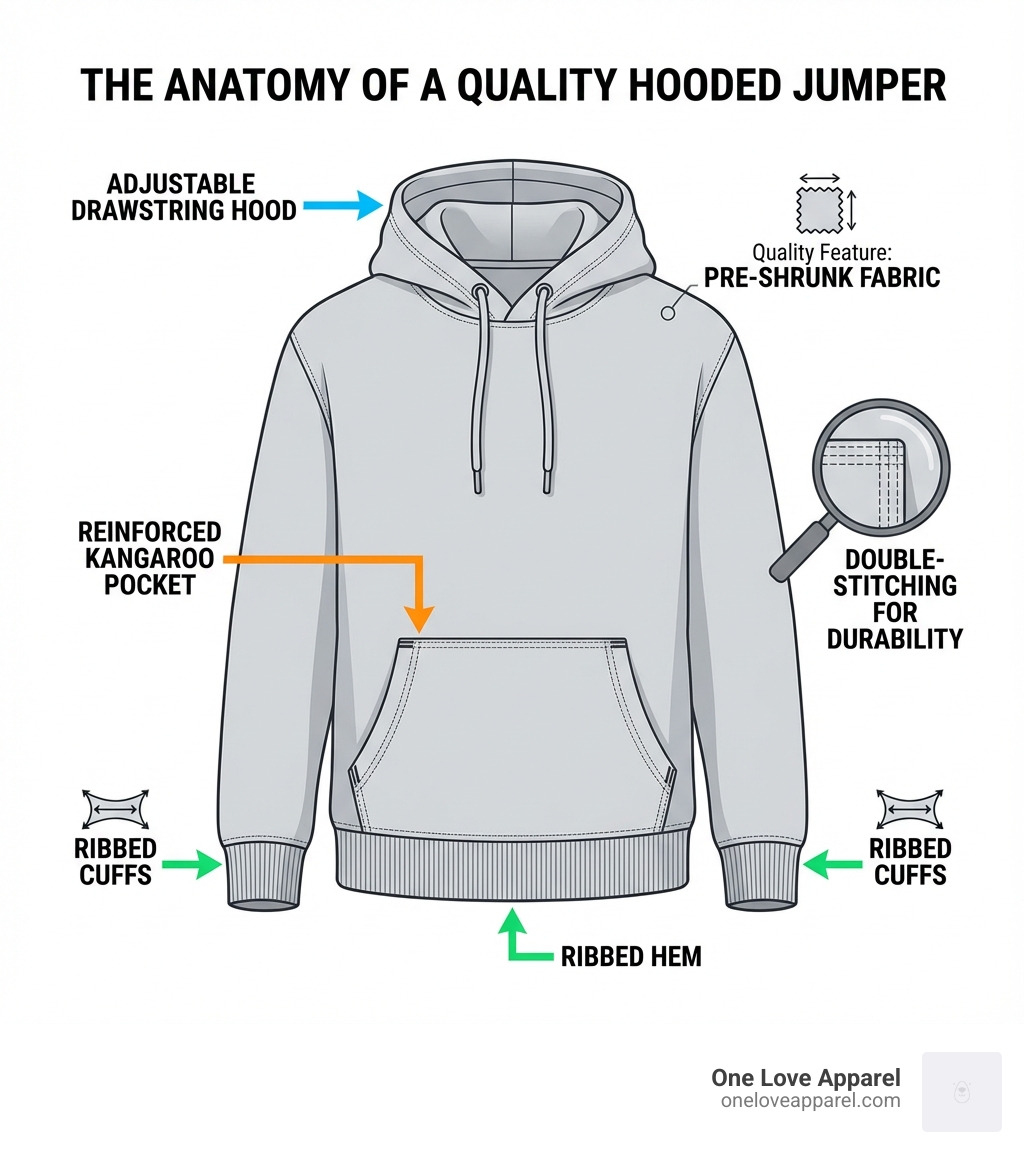 Infographic showing the anatomy of a quality hooded jumper: adjustable drawstring hood at top, reinforced kangaroo pocket in center, ribbed cuffs and hem at bottom, with labels indicating quality construction points like double-stitching and pre-shrunk fabric - hooded jumper for men infographic 