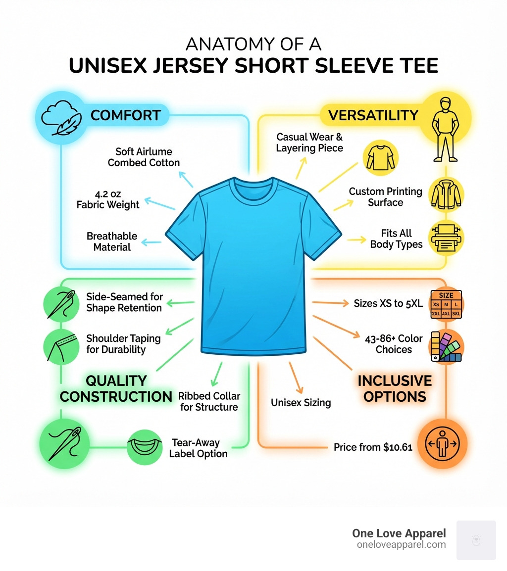 Infographic showing the anatomy of a unisex jersey short sleeve tee with four main sections: Comfort (soft Airlume combed cotton, 4.2 oz fabric weight, breathable material), Versatility (casual wear, layering piece, custom printing surface, fits all body types), Quality Construction (side-seamed for shape retention, shoulder taping for durability, ribbed collar for structure, tear-away label option), and Inclusive Options (sizes XS to 5XL, 43-86+ color choices, unisex sizing, price from $10.61) - unisex jersey short sleeve tee infographic Infographic showing the anatomy of a unisex jersey short sleeve tee with four main sections: Comfort (soft Airlume combed cotton, 4.2 oz fabric weight, breathable material), Versatility (casual wear, layering piece, custom printing surface, fits all body types), Quality Construction (side-seamed for shape retention, shoulder taping for durability, ribbed collar for structure, tear-away label option), and Inclusive Options (sizes XS to 5XL, 43-86+ color choices, unisex sizing, price from $10.61) - unisex jersey short sleeve tee infographic