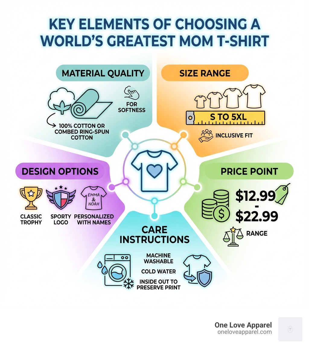 Infographic showing the key elements of choosing a world's greatest mom t shirt: Material quality (100% cotton or combed ring-spun cotton for softness), Size range (S to 5XL for inclusive fit), Design options (classic trophy, sporty logo, or personalized with names), Price point ($12.99-$22.99 range), and Care instructions (machine washable, cold water, inside out to preserve print) - world's greatest mom t shirt infographic Infographic showing the key elements of choosing a world's greatest mom t shirt: Material quality (100% cotton or combed ring-spun cotton for softness), Size range (S to 5XL for inclusive fit), Design options (classic trophy, sporty logo, or personalized with names), Price point ($12.99-$22.99 range), and Care instructions (machine washable, cold water, inside out to preserve print) - world's greatest mom t shirt infographic