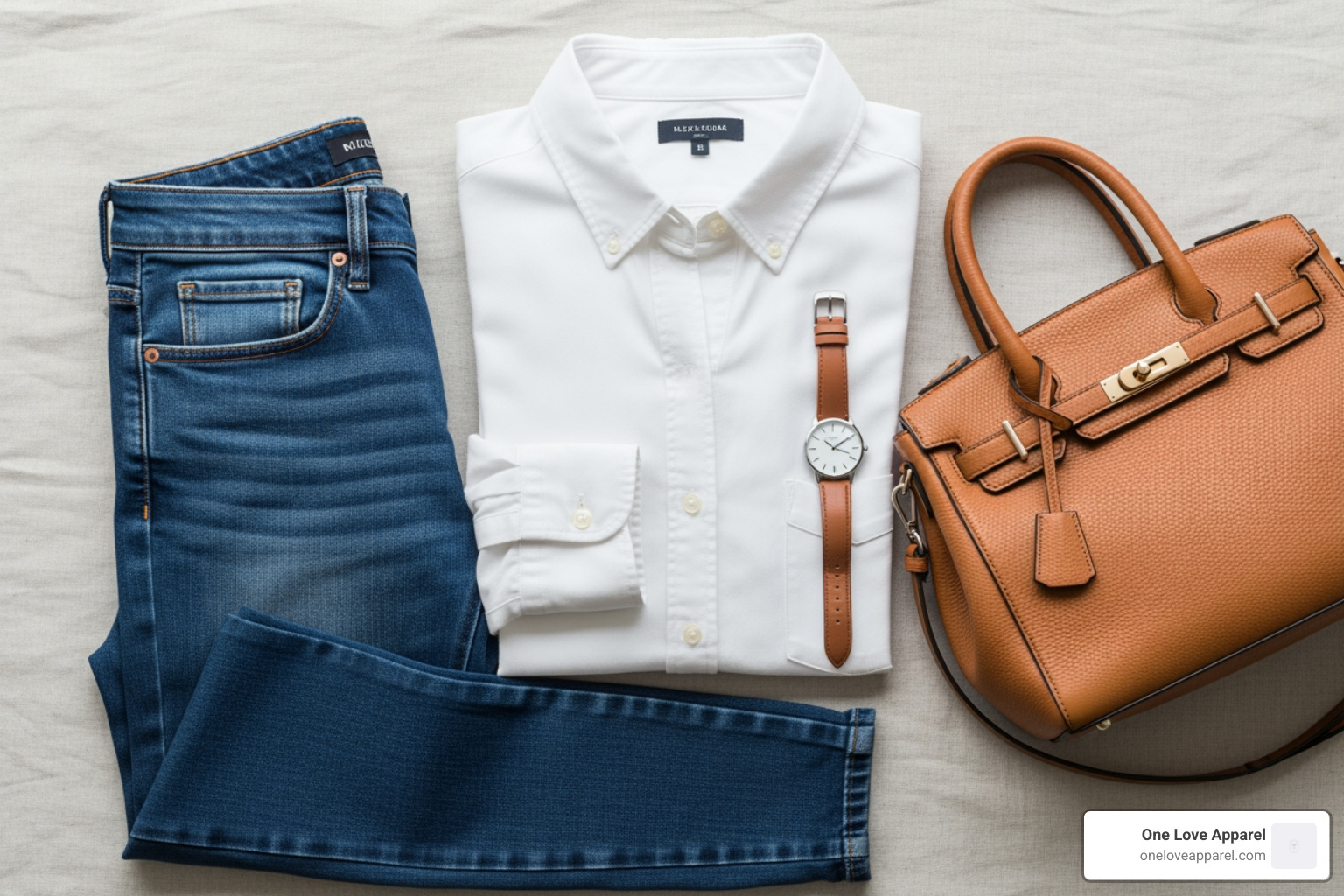 a flat lay featuring a white cotton shirt with jeans, a watch, and a handbag - ladies white cotton long sleeve shirt a flat lay featuring a white cotton shirt with jeans, a watch, and a handbag - ladies white cotton long sleeve shirt