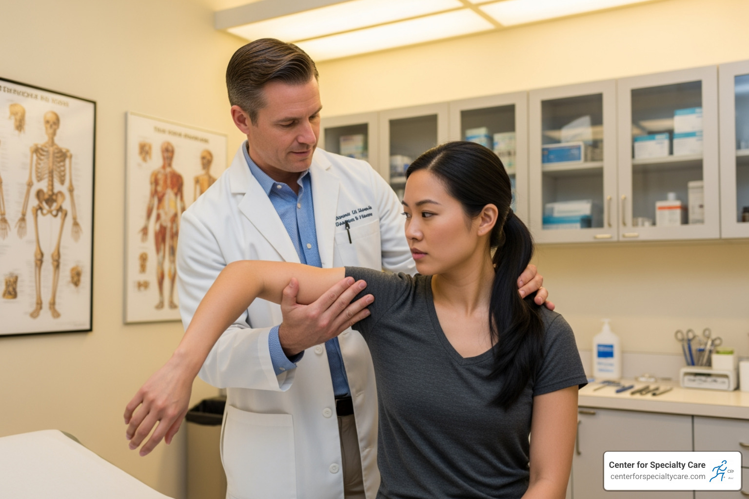 Image of a doctor performing a physical examination of a patient's shoulder, checking range of motion and tenderness - rotator cuff muscles