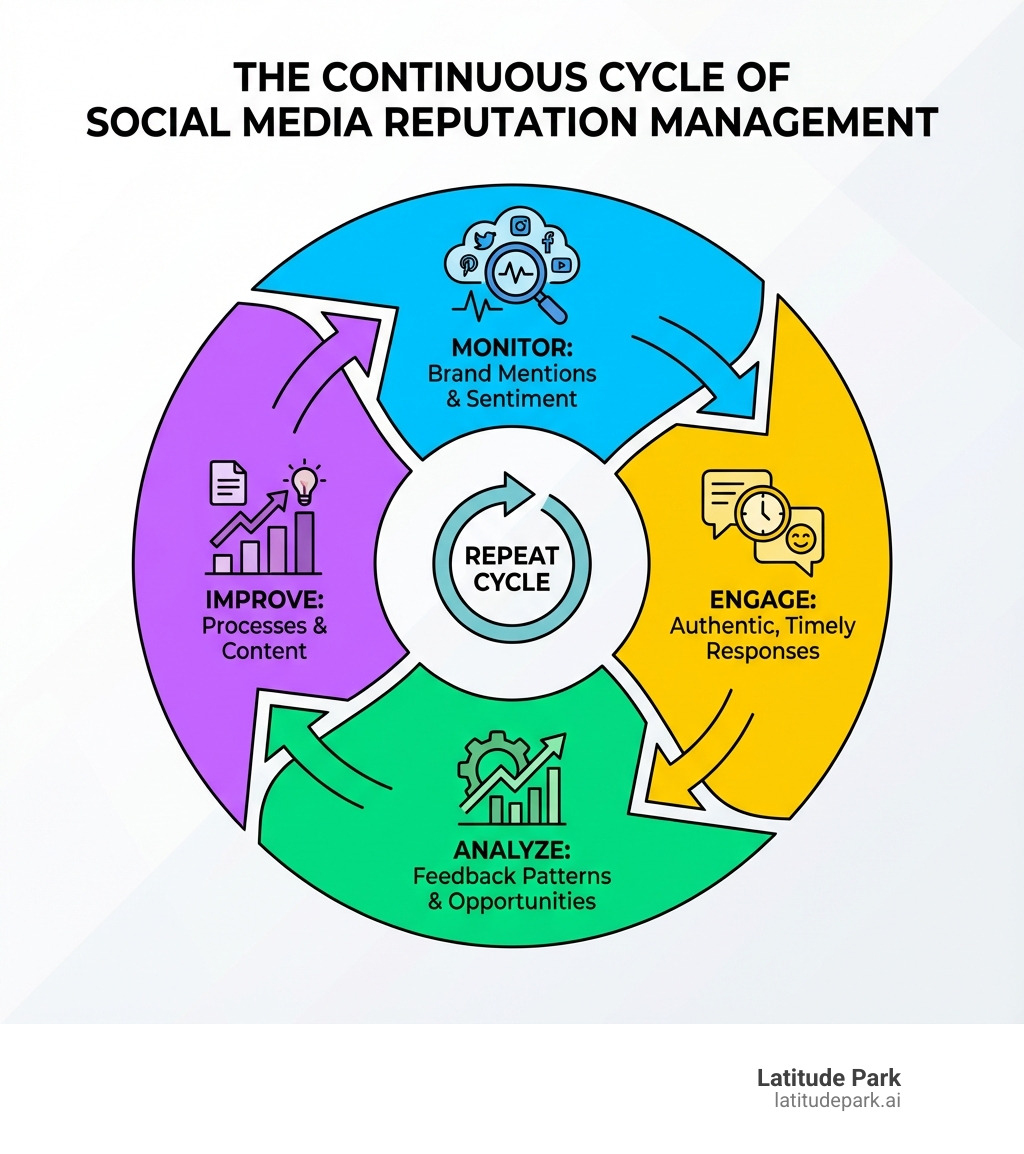 Infographic showing the continuous cycle of effective social media reputation management: Monitor brand mentions and sentiment across all platforms, Engage authentically with customers through timely responses, Analyze feedback patterns and identify improvement opportunities, Improve processes and content based on insights, then repeat the cycle - brand reputation management social media infographic Infographic showing the continuous cycle of effective social media reputation management: Monitor brand mentions and sentiment across all platforms, Engage authentically with customers through timely responses, Analyze feedback patterns and identify improvement opportunities, Improve processes and content based on insights, then repeat the cycle - brand reputation management social media infographic